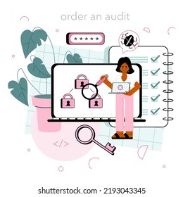 Cyber or web security specialist online service or platform. Digital data protection and database safety. Cyberattack prevention. Online order. Flat vector illustration