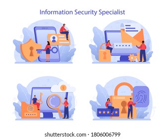 Cyber or web security specialist set. Idea of digital data protection and safety. Modern technology and virtual crime. Protection information in internet. Flat vector illustration