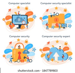 Equipo de especialistas en seguridad cibernética o web. Idea de protección y seguridad de datos digitales. Tecnología moderna y crimen virtual. Información de protección en internet. Ilustración vectorial plana