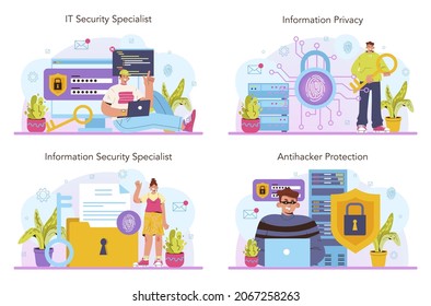 Cyber or web security specialist set. Digital data protection and database safety. Protection of an information in the internet, cyberattack prevention. Flat vector illustration