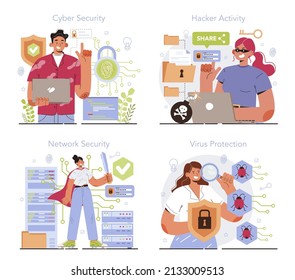 Cyber or web security specialist set. Digital data protection and database safety. Protection of an information in the internet, cyberattack prevention. Flat vector illustration
