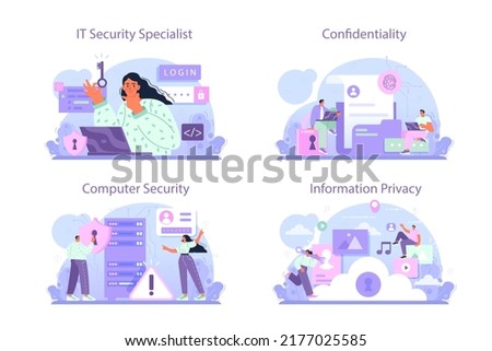 Cyber or web security specialist set. Digital data and database safety. Protection of an information in the internet, cyberattack prevention or preventing data leak. Flat vector illustration