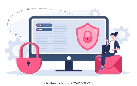 Cyber web security. Woman sitting on envelope near computer monitor. Personal data protection and internet security. Young girl with mobile application. Flat vector illustration