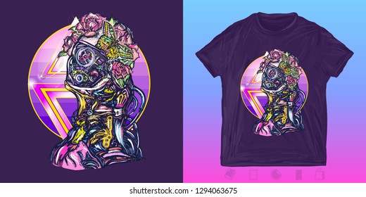 Cyber woman. Cyberpunk print for t-shirts and another, trendy apparel design. Portrait of biomechanical girl 