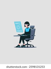 Cyber woman sitting working behind hologram computer. Flat design vector illustration. Futuristic.