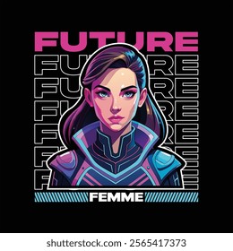 cyber woman t-shirt vector design with text "future femme". streetwear and Urban style on black background