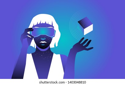 Cyber woman in virtual reality wearing VR headset. Cyber sport player in augmented reality concept vector illustration in vaporwave/ retrowave/ synthwave 80s-90s neon style.