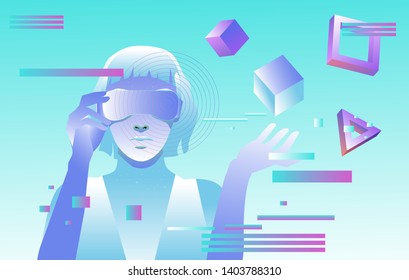 Cyber woman in virtual reality wearing VR headset. Cyber sport player in augmented reality concept vector illustration in vaporwave/ retrowave/ synthwave 80s-90s neon style.
