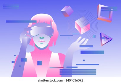 Cyber woman in virtual reality wearing VR headset. Cyber sport player in augmented reality concept vector illustration in vaporwave/ retrowave/ synthwave 80s-90s neon style.