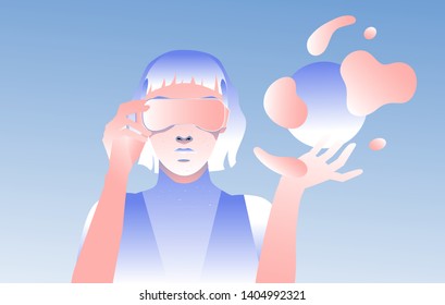 Cyber woman in virtual reality wearing VR headset. Cyber sport player in augmented reality concept vector illustration in vaporwave/ retrowave/ synthwave 80s-90s neon style.