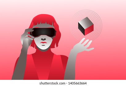 Cyber woman in virtual reality wearing VR headset. Cyber sport concept vector illustration in vaporwave/ retrowave/ synthwave 80s-90s neon style.