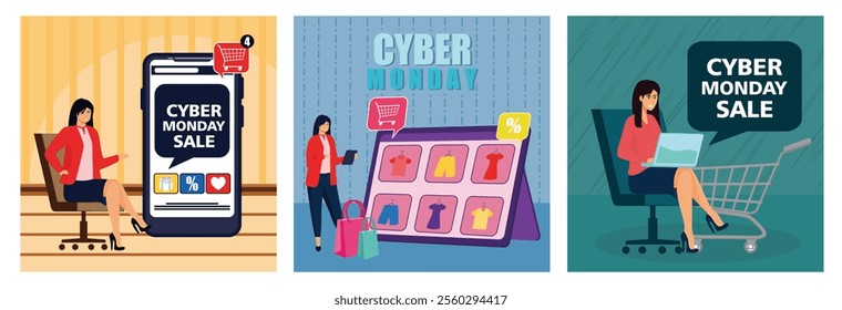 Cyber ​​Monday. Women in fashionable clothes. Women are shopping in black friday and cyber Monday Sale on Laptop in Shopping Cart. Set flat vector modern illustration 