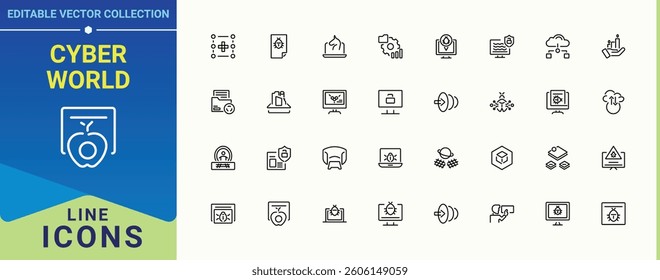 Cyber World icon set. Contains related to digital, web, network, website, security and more. Cyberspace simple icon. UI icons set in a thin style. Pixel perfect. Editable stroke.