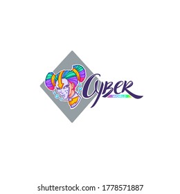 Mundo cibernético, logo vectorial ciberpunk, con retrato de niña y composición de letras