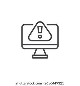 Cyberattack alert screen line icon. Outline vector icon of a monitor with an alert or explosion, symbolizing hacking incidents or digital threats. Icon symbol for online safety.
