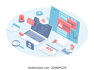 Cyberattack, computer viruses, internet phishing, hacking. Errors detected. Search and find bugs, debugging process. Vector illustration in 3d design. Isometric web banner.	
