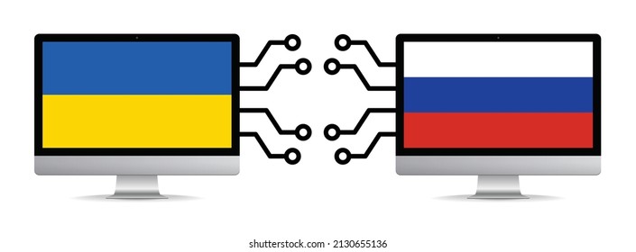 Cyberattack concept. Cybercrime between Ukraine and Russia symbol banner.