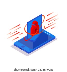 Cyberattack concept. Isometric phone with padlock protective shield on a blue background. Hacking smartphone user database. New technologies security.