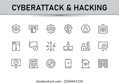 Cyberattack and Hacking line icon collections. Featuring spam, attack, protection, safety, risk and more. Set of minimalist line pictogram. Editable vector illustration.