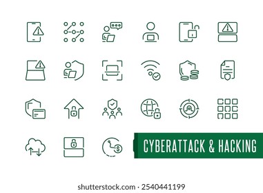 Cyberattack and Hacking line icon collections. Featuring spam, attack, protection, safety, risk and more. Set of minimalist line pictogram. Editable vector illustration.