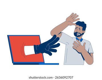 Cyberattack threatening frightened user 2D illustration concept. Cyber criminal hand reaching from laptop toward scared black man cartoon character isolated on white. Flat abstract vector metaphor