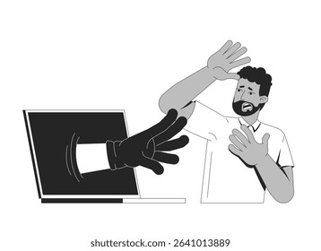 Cyberattack threatening frightened user line illustration concept. Cyber criminal hand reaching from laptop toward scared black man outline 2D character isolated. Ink linear metaphor vector art