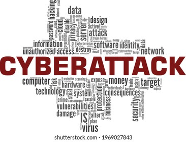 Ciberataque ilustración vectorial nube de palabras aislada en un fondo blanco.