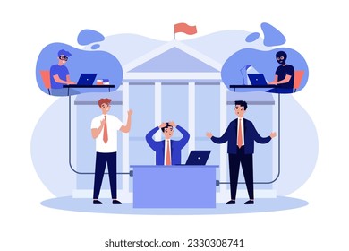 Cyberattacks of hackers on government vector illustration. Cartoon drawing of state workers or government officials scared of information being stolen. Cybersecurity, government, crime concept