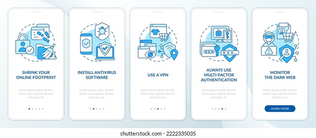 Cyberattacks prevention blue onboarding mobile app screen. Walkthrough 5 steps editable graphic instructions with linear concepts. UI, UX, GUI template. Myriad Pro-Bold, Regular fonts used