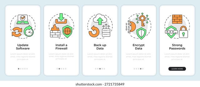 Prevención de ciberataques incorporando la pantalla del App móvil. Cifrado de datos. Instrucciones gráficas editables de 5 pasos con conceptos lineales. UI, UX, GUI