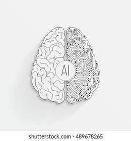 Cyberbrain concept. Outline top view illustration of a circuit board with a brain. Artificial intelligence icon