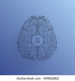 Cyberbrain concept. Outline top view illustration of a circuit board with a brain shape. Artificial intelligence icon