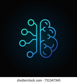 Cyberbrain line blue icon. Vector artificial intelligence brain concept thin line sign on dark background