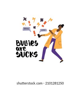 Cyberbulling-Vektorkonzept. Wütende Kommentare fliegen aus dem Smartphone hervor, das schikanöse Mädchen zieht sich von ihrem Telefon weg. Bullen sind leckere Zitate. 
