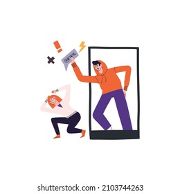 Cyberbulling Vector Concept. Angry Guy Shouts At A Girl From A Smartphone, Holds An Rude Comment In His Hand. Sad Bullying Victim Girl Covers Her Head With Her Hands. Online Harassment Problem Illustr