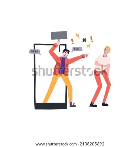 Cyberbulling vector concept. An angry guy yells from a smartphone at a sad guy bullying victim. Online harassment problem illustration.

