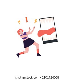 Cyberbulling vector concept. Sad bullying victim girl moves away from her phone. Angry smartphone with teeth attacks a girl. Online harassment problem illustration.
