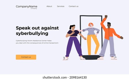 Concepto de vector de ciberbulling para la página web. Una chica y un chico apoyan a una chica de un smartphone en la lucha contra el acoso en línea. Ilustración del problema de acoso en línea.
