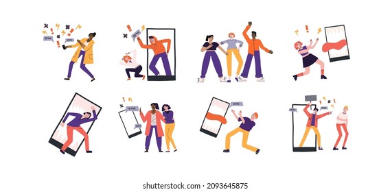 Conceptos vectores de ciberbulling. Comentarios furiosos, smartphones, víctimas de acoso, chicas y chicos. Ilustración del problema de acoso en línea.
