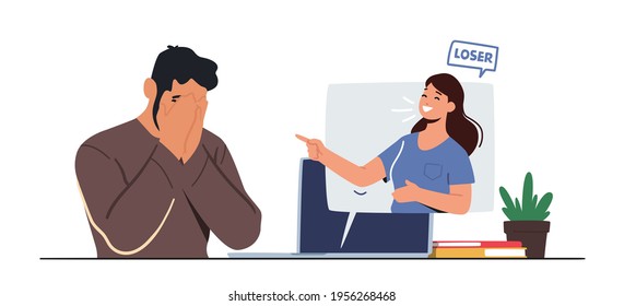 Cyberbullying Abuse. Woman Hater or Troll Laughing on Man in Internet Online Network. Teen Character Crying front of Pc Screen after Being Bullied and Called Loser. Cartoon People Vector Illustration