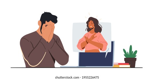 Cyberbullying Abuse. Woman Show Stop Gesture from Pc Monitor. Teen Character Crying front of Pc Screen after Being Bullied with Hater or Troll. Internet Harassment. Cartoon People Vector Illustration