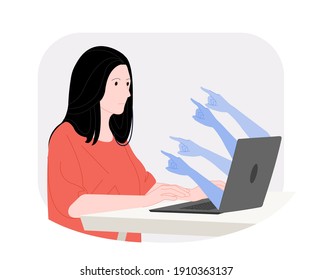 cyberbullying against a girl. hands from a laptop show a girl a concept of ridicule and hate people from the internet. Vector illustration cartoon flat design modern style 