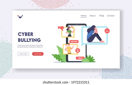 Cyberbullying Attack Landing Page Template. Bully Hater or Troll Laughing on Woman in Internet. Teen Character Crying after Being Bullied and Called Nasty Names. Cartoon People Vector Illustration