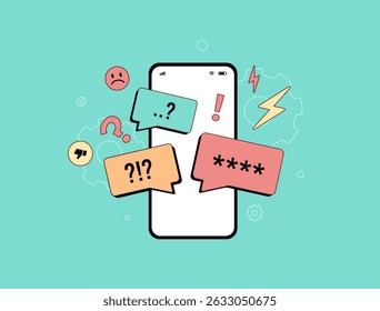 Conceito de conscientização sobre bullying cibernético com prevenção de assédio digital, relatórios de abuso on-line. Preocupações com a segurança da Internet, conteúdo nocivo para as mídias sociais. Ilustração isolada de vetor de design plano
