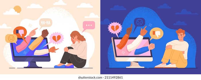 Cyberbullying or bad influence on internet. Set of men and women cover their faces or turn away from computer screen with hands of haters. Cartoon flat vector collection isolated on white background