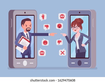 Cyberbullying, business people smartphone bullying, harmful gadget harassment. Hating, drama, or trolling via cellphone in social networking page, spreading embarrassing rumours. Vector illustration