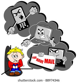 Cyberbullying cartoon with scared child mobile phone and PC