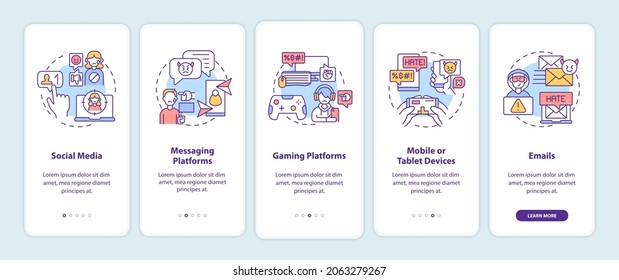 Cyberbullying channels onboarding mobile app page screen with concepts. Social media, platforms walkthrough 5 steps graphic instructions. UI, UX, GUI vector template with linear color illustrations