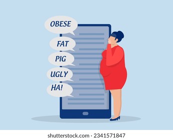 Cyberbullying concept fat women looking and cries From Public Censure by Her Weigh Threats and insults in messages on laptop mobile 