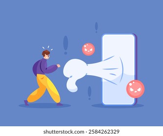 cyberbullying concept. getting negative comments, teasing, criticism. being disliked and belittled. illustration of a man getting thumbs down from smartphone. bully victim. flat style design. elements